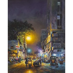 Hanif Shahzad, Street at Night III - Karachi, 21 x 28 Inch, Oil on Canvas, Cityscape Painting, AC-HNS-069